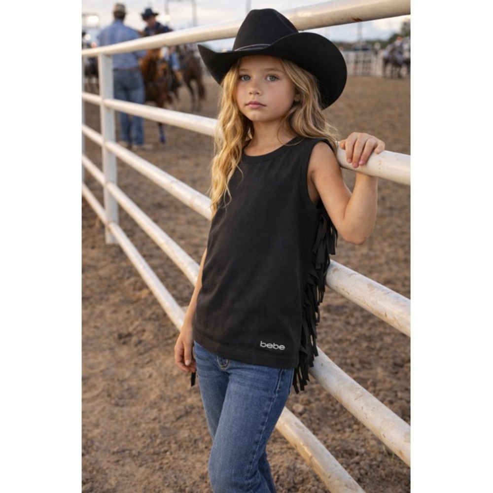 NWT BEBE Girls Black 10/12 Western Glitter Spellout Fringed Goth Goblin Boho Top